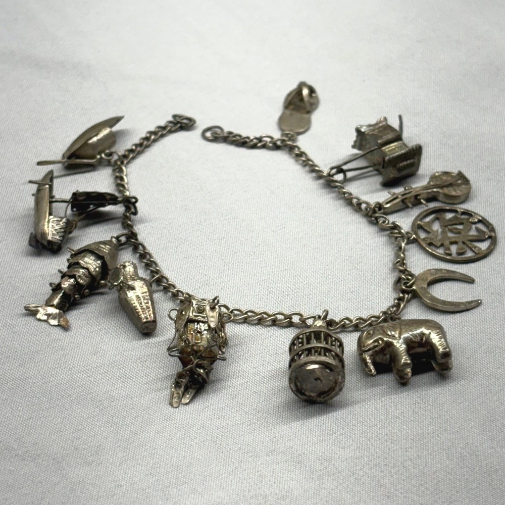Vintage Chinese Export Silver 12 Charm Bracelet OS Silver Fair Articulated Fish - Picture 3 of 16